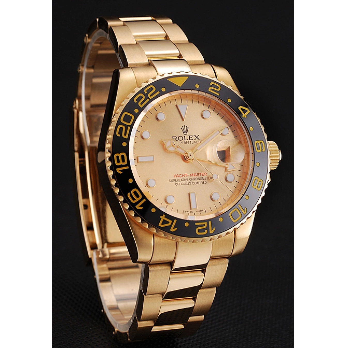 Best AAA Replica Sites II Gold Black Bezel Master Swiss Bracelet Gold Dial 1453749 GMT And Rolex Case 0711